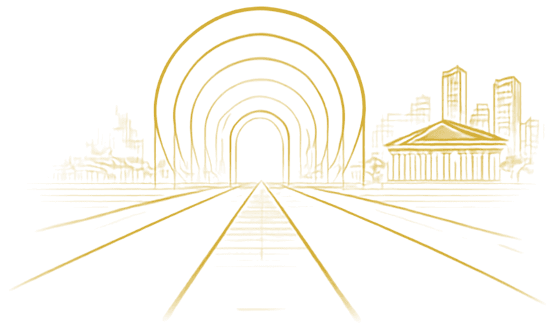A line drawing of concentric arches opening onto a long road, with a classical building and city skyline beside it.